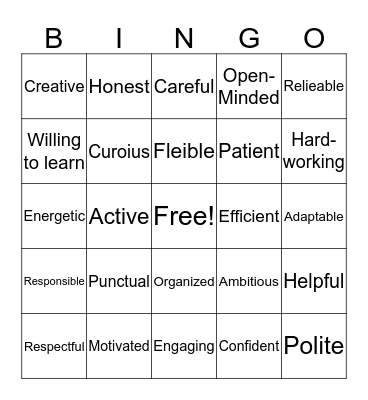 Good Personal Qualities for Work Bingo Card