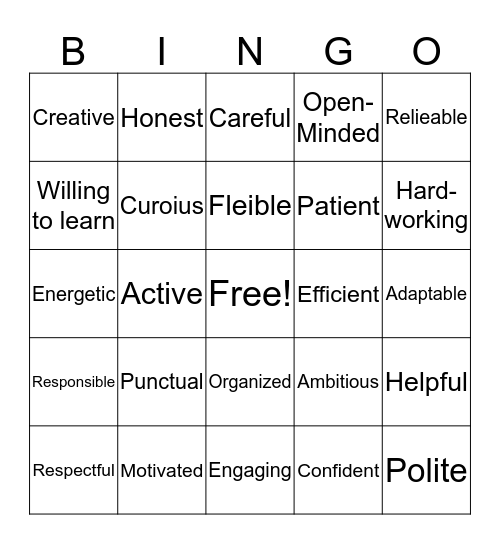 Good Personal Qualities for Work Bingo Card