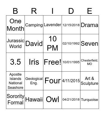 Bridal Bingo Card