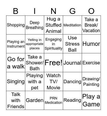 Coping Skills Bingo Card