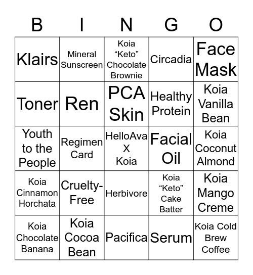 HelloAva X Koia Bingo Card