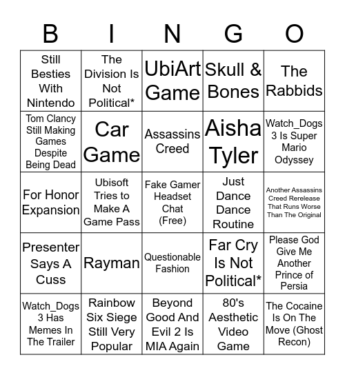 Ubisoft E3 Bingo Card