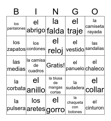 Bingo de las Prendas Bingo Card