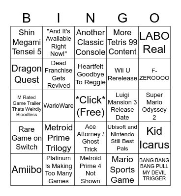 Nintendo E3 Bingo Card