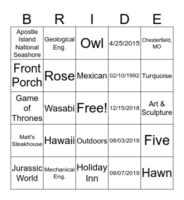 Bridal Bingo Card