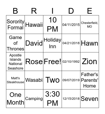 Bridal Bingo Card