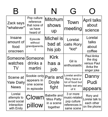 Gilmore Girls Season 6 Bingo Card