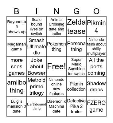 Nintendo E3 2019 Bingo Card