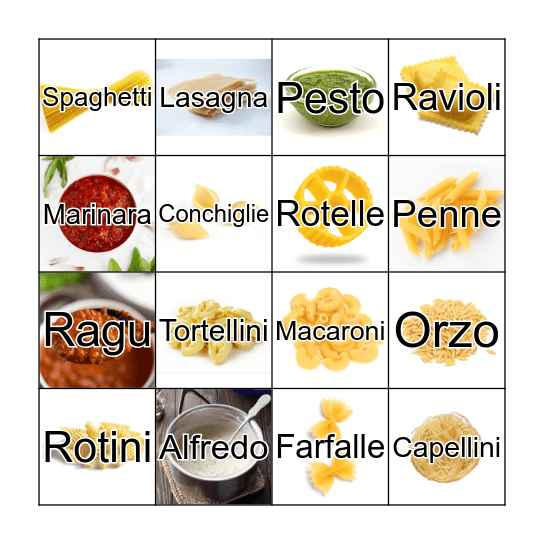 PASTA BINGO!!! Bingo Card