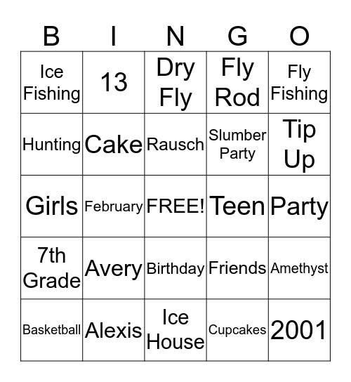 Avery's 13th Birthday Bingo Card