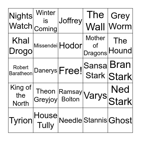 Game of Thrones Bingo! Bingo Card