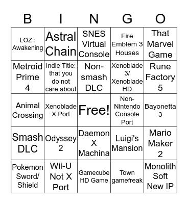 Nintendo E3 2019 Bingo Card