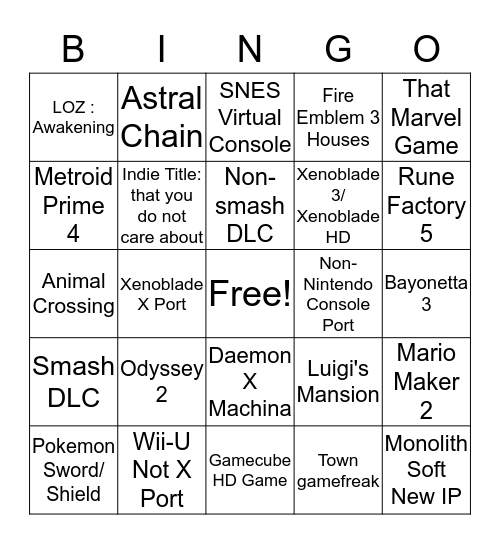 Nintendo E3 2019 Bingo Card