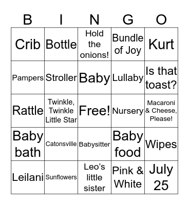 Leilani's Baby Shower Bingo Card