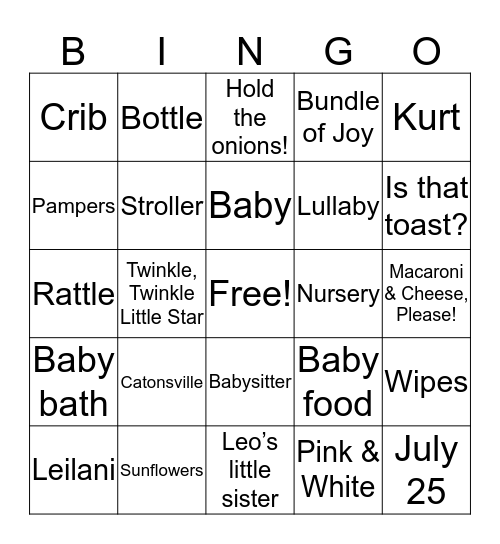 Leilani's Baby Shower Bingo Card