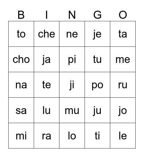 Bingo de Sílabas Bingo Card