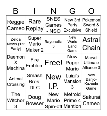 Nintendo E3 2019 Bingo Card