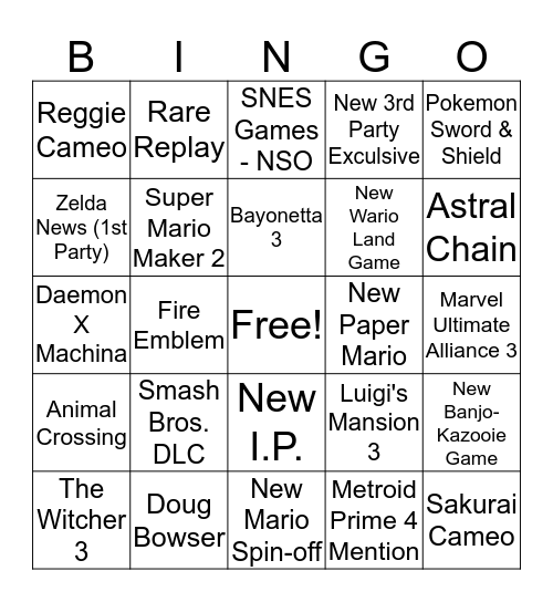 Nintendo E3 2019 Bingo Card