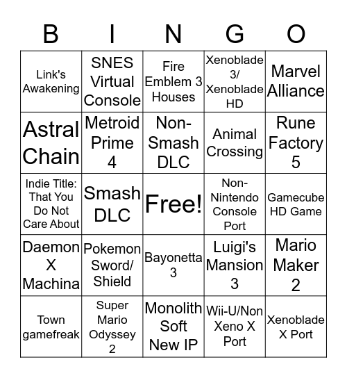 Nintendo E3 Bingo Card