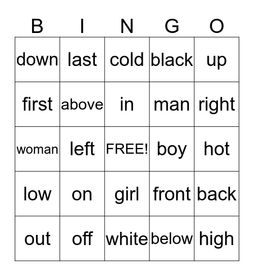 Opposite Bingo Card