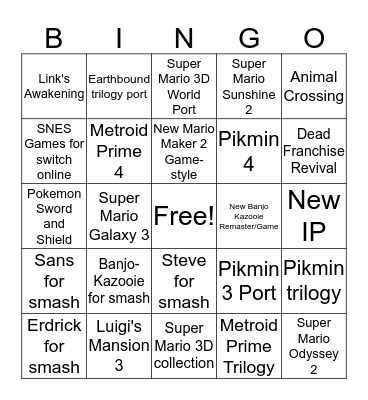 Nintendo E3 2019 Bingo Card