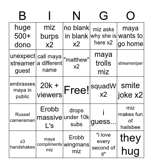 MIZ & MAYA Bingo Card