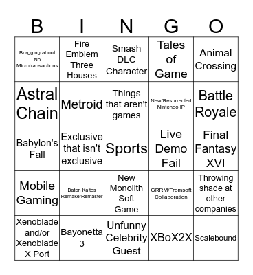 E3 2019 Bingo Card