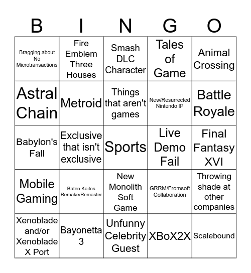 E3 2019 Bingo Card