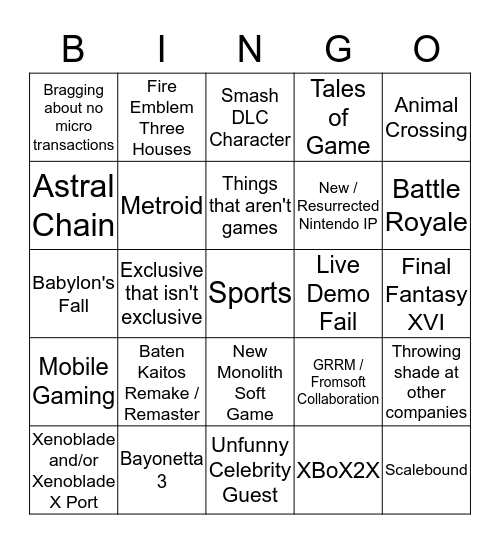 E3 2019 Bingo Card