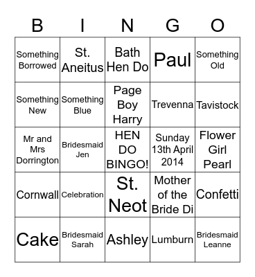 Ashley's Hen Do Bingo Card