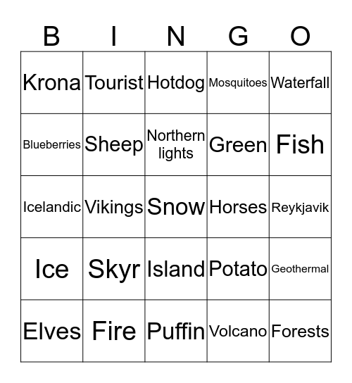 Iceland Bingo Card