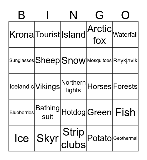 Iceland Bingo Card