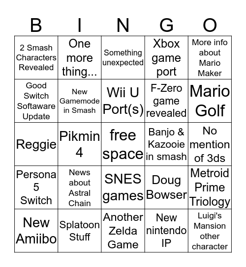 Nintendo E3 Noise Bingo Card