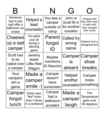 Summer Camp Bingo Card