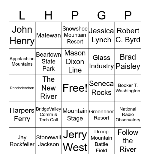 Wild & Wonderful West Virginia Bingo Card