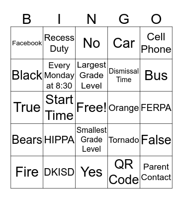 Welcome Back Bingo Card