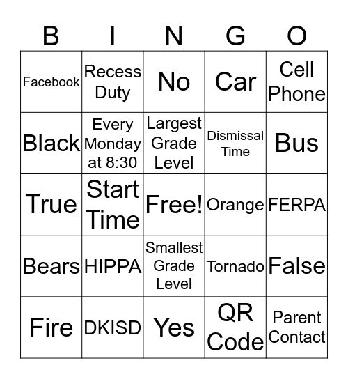 Welcome Back Bingo Card