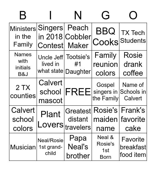 WILLIAMS/BAKER REUNION 2019 Bingo Card
