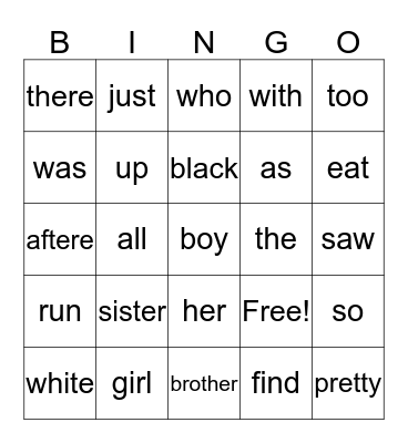 sight words bingo Card