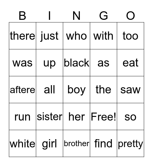 sight words bingo Card