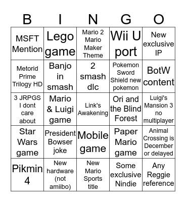 Nintendo @ E3 Bingo Card