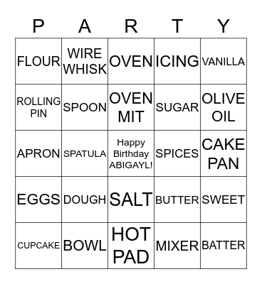 Abigayl's Cooking Party Bingo Card