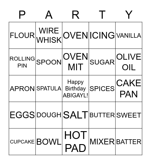 Abigayl's Cooking Party Bingo Card