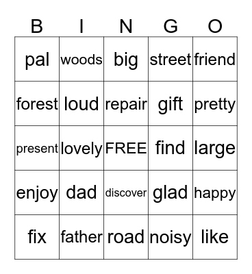 Synonym Bingo Card