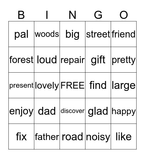 Synonym Bingo Card