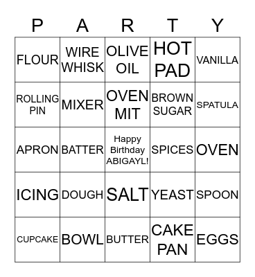 Abigayl's Cooking Party Bingo Card