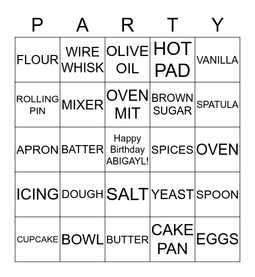 Abigayl's Cooking Party Bingo Card