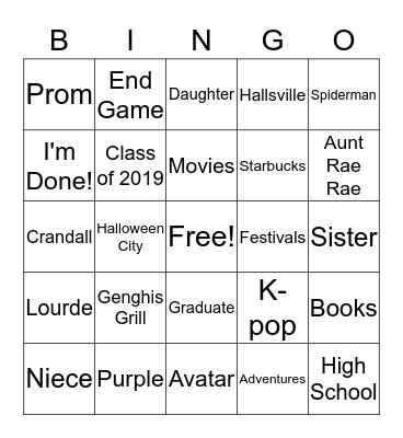 Sydney's Graduation Bingo Card