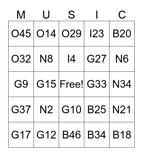 MUSIC! Bingo Card