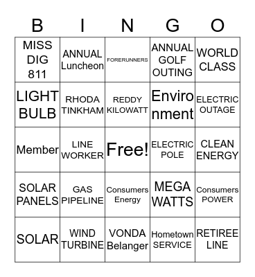 CMS ENERGY BINGO Card